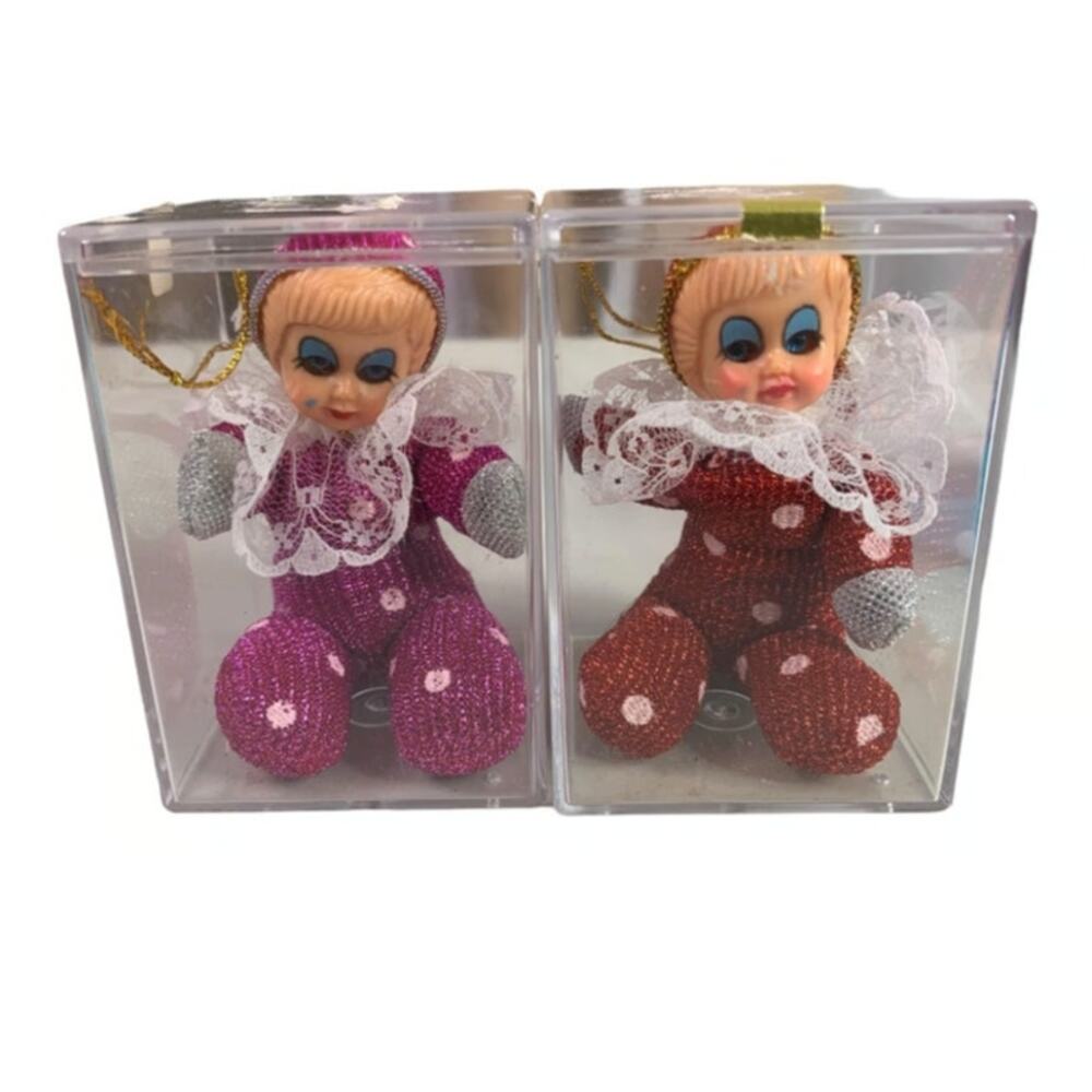 Vintage Beanbag Circus Clown Ornaments 2 Piece Set Sleepy Eyes with Plastic Case
